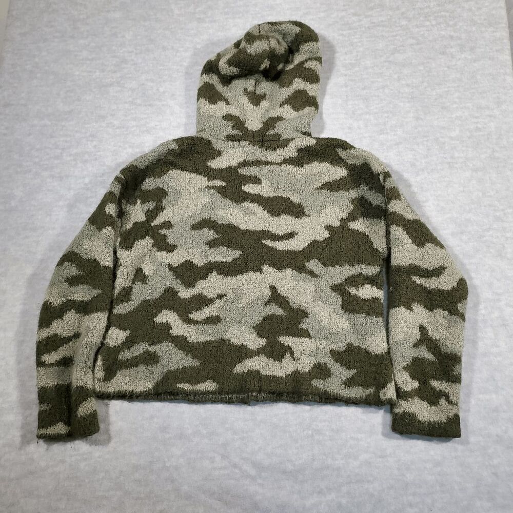 PINK Victoria's Secret Hoodie Womens Medium Green Camo Fuzzy Cropped Drawstring - Picture 7 of 8